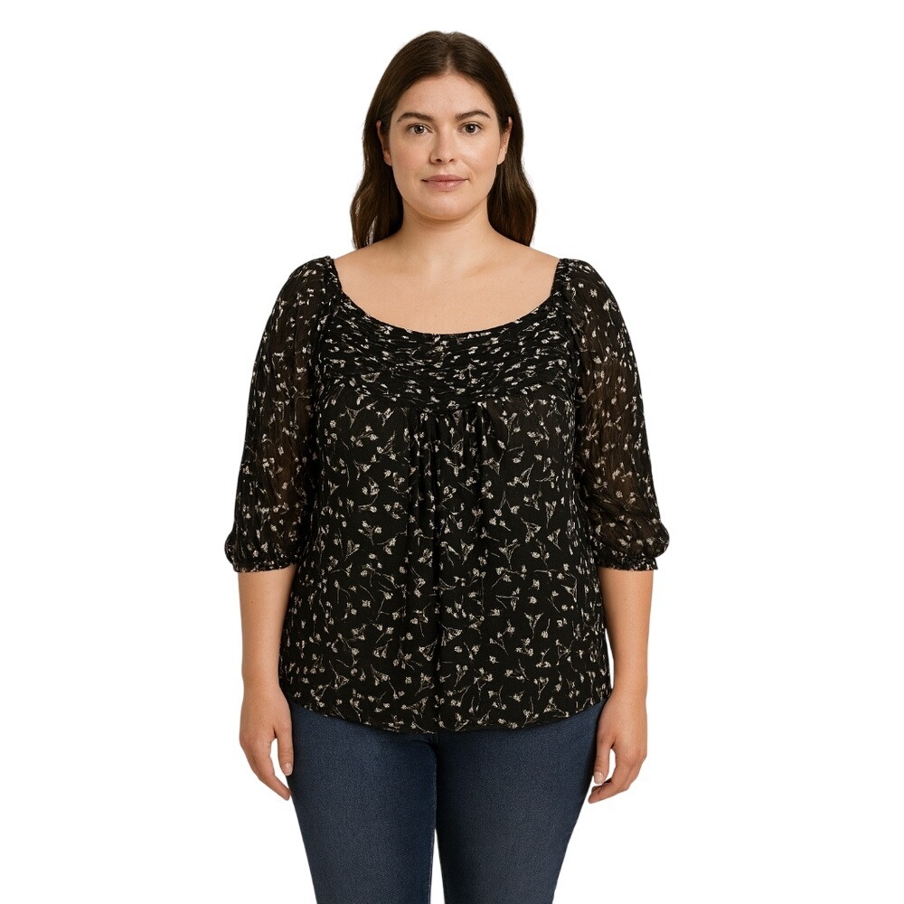 Rose Olive Black Floral Smocked Square Neck 3/4 Sleeve Blouse Top‎ Size M